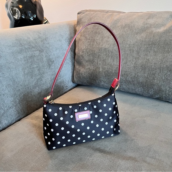St. John Handbags - St John Black White Polka Dot Shoulder Bag with Red Leather Trim